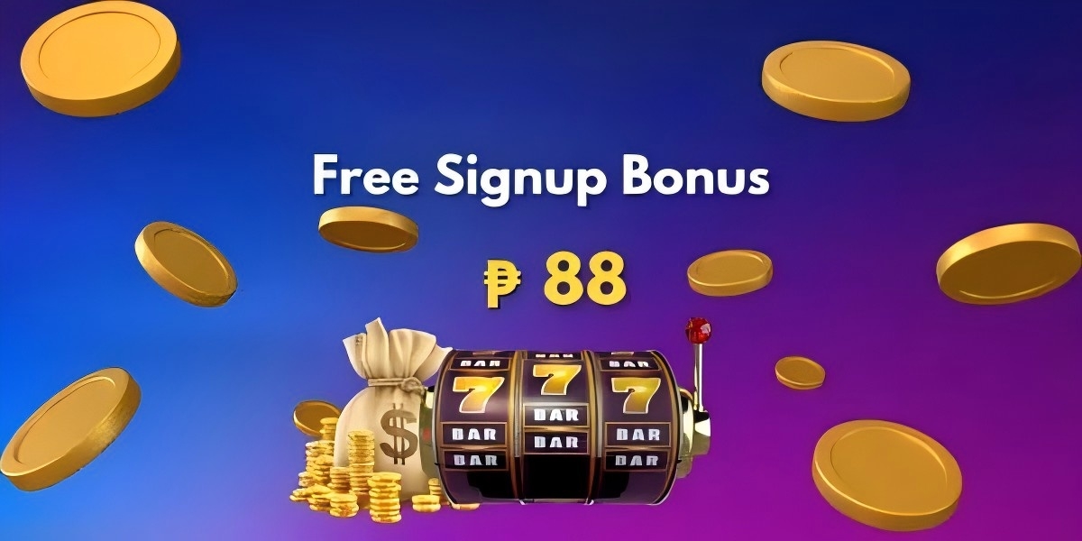 Free signup bonus banner with a golden slot machine, 777 jackpot art and an 88 peso headline